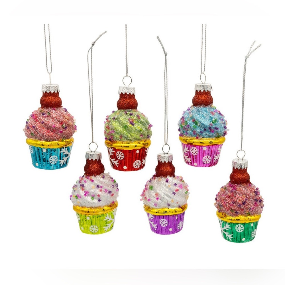 Anthropologie Kurt Adler Colorful Hand Blown Glass Ornament Set 6 Cupcake NIB - Picture 3 of 5